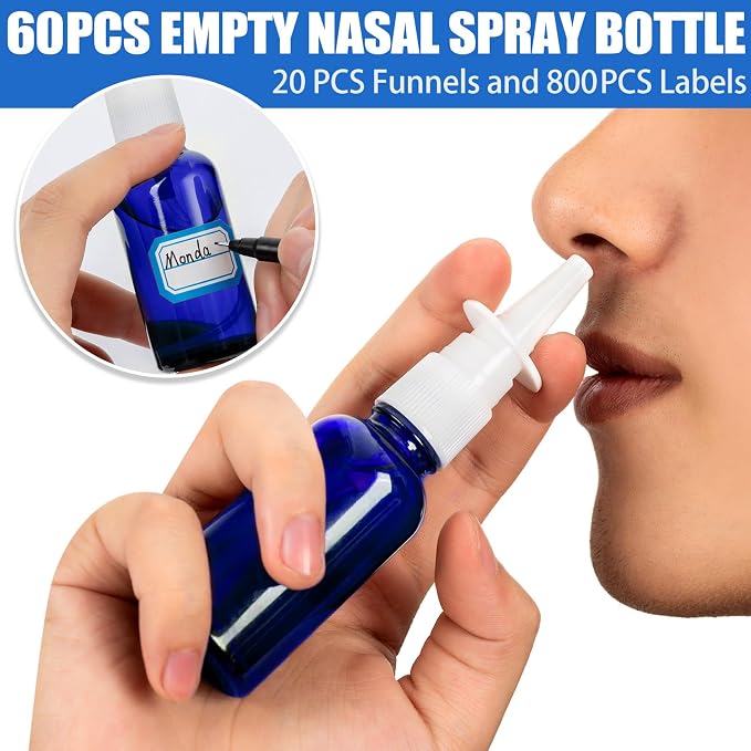 100 Pcs Nasal Spray Bottle, 1OZ/30ML Glass Bule Empty Nasal Spray Bottles Refillable with 20 Funnels and 20 Labels