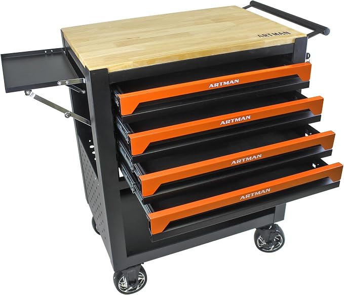 36" Tool Box with Wheels 4 Drawers Rolling Tool Cart, Wooden Top Workbench, 660lbs Total load Tool Cabinet with Locked Drawers Storage Organizer Cabinet for Garage, Warehouse, Repair Shop - Orange