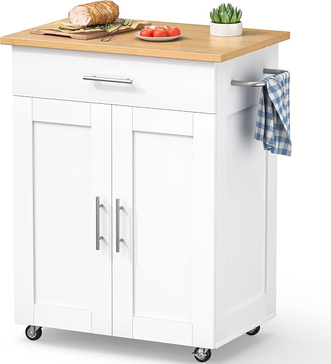 OtterOasis Kitchen Island Cart with Storage, Small Kitchen Island on Wheels with Large Drawer, Adjustable Shelf & Towel Rack, Rolling Island Table for Kitchen & Dining Room, White