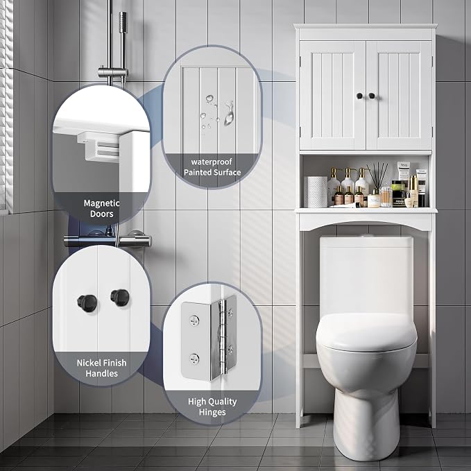 Bealife Over The Toilet Storage Cabinet with Open Shelf - White | Over Toilet Bathroom Organizer with Adjustable Shelf and Double Doors, Space Saver Free Standing Storage Shelf for Bathroom