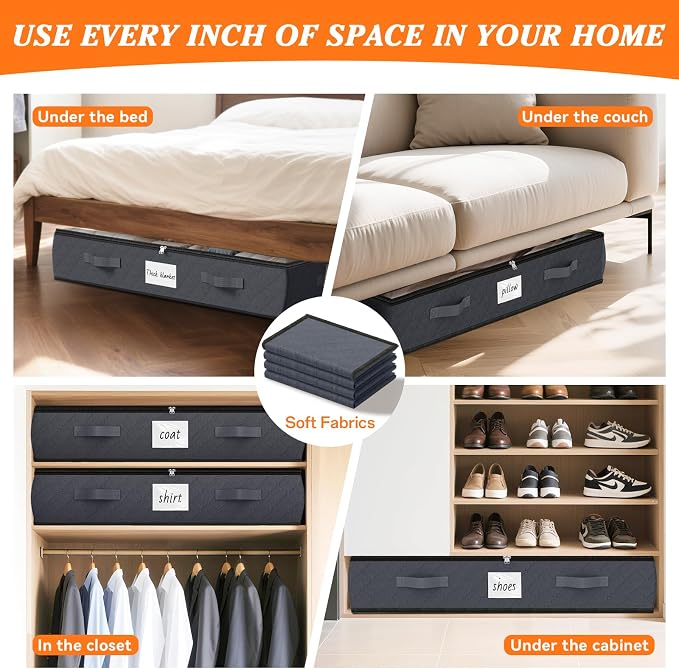 SpaceWhisper 90L Under Bed Storage Containers, 8-Pack Storage Bins with Clear Top, Foldable Closet Organizers and Storage with Label Holder for Clothing, Blankets, Comforter & Pillows (Grey)