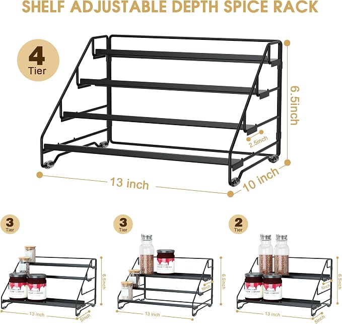 Jolitac 4-Tier Spice Rack Organizer, Depth Adjustable Step Shelf, Metal Spice Rack Perfect for Cabinet, Countertop & Pantry Storage | Enhances Kitchen Visibility and Organization | 1 Pack