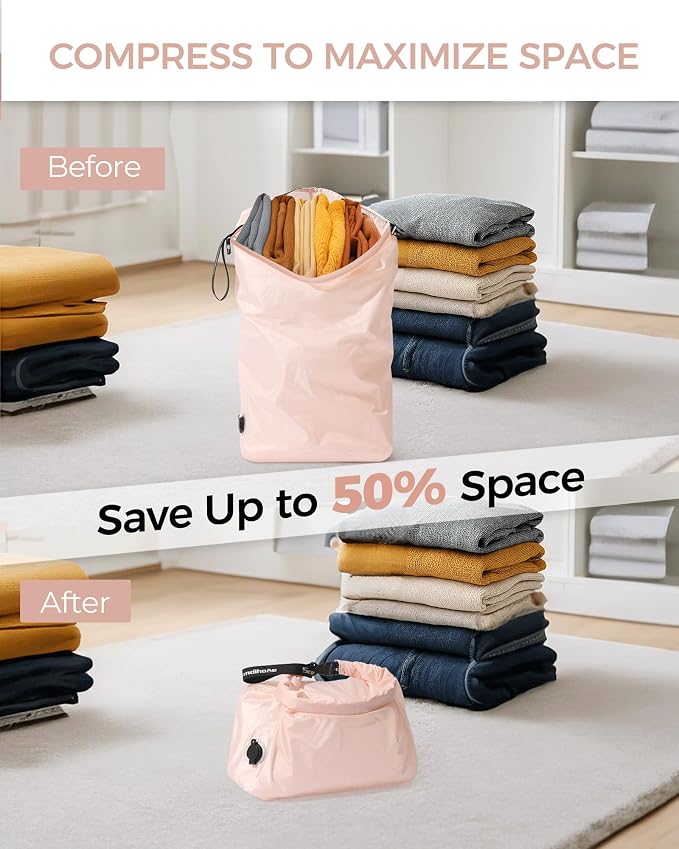 Compression Travel Laundry Bag for Dirty Clothes, Pump-Free Laundry Bag for Suitcase & Dorm, Waterproof Wet Dry Clothes Organizer, Large Capacity Space Saving Travel Bag (1 Pcs)(Pink, M)