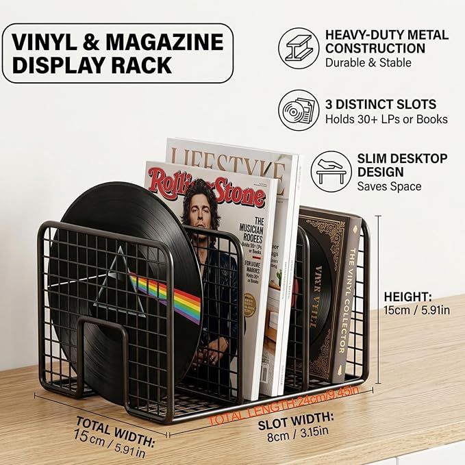 Vinyl Record Holder Storage, 3 Slot Metal Magazine Book Album Display Rack, Stylish Desktop File Tabletop Magazine Holder Rack, Record Storage, Album Storage Rack for LP Records/Magazines/Music Lovers