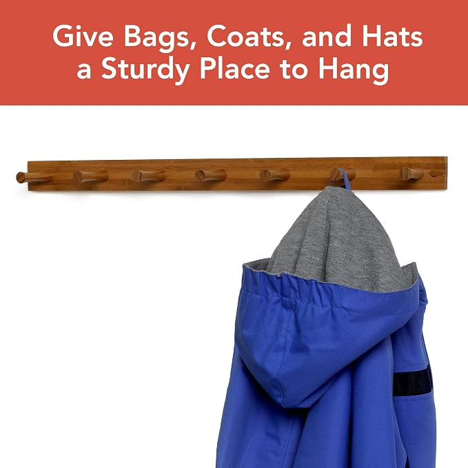 Spectrum 7 Peg Wall Mount Peg Rack Wooden Storage Organizer for Coats Hats Purses Towels, Includes Mounting Hardware and Decorative Plugs, Tie Rack Hanger Belt Holder Closet Accessory, Bamboo Color