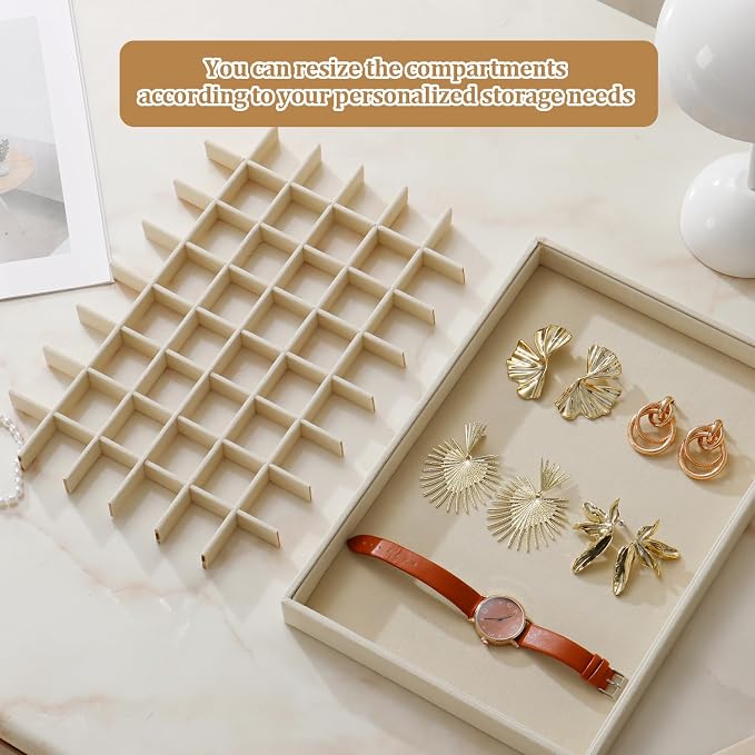 Large Jewelry Organizer for Drawer Insert Velvet Stackable Jewelry Trays for Earring Necklace Bracelet Ring Display (Beige, 48 Grids)