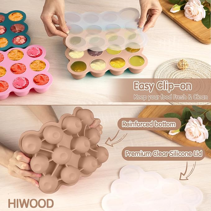 Baby Food Storage Containers 12 x 1.5OZ Silicone Freezer Tray with Lid, Food Grade Silicone Freezer Tray Containers for Purees & Vegetables Light Brown