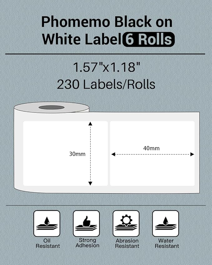 Phomemo 1.57"x1.18"(40x30mm) Label, 6 Rolls M110/M100/M150/M250/M220 Thermal Paper - Multi-Purpose Square Self-Adhesive Label, 230 Labels/Roll, Black on White