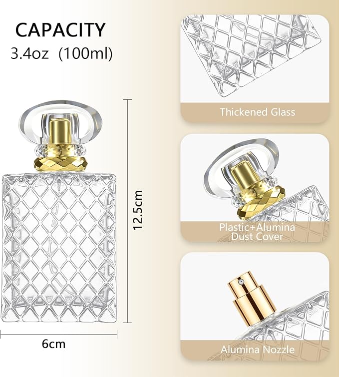 100ml (3.4 oz) Refillable Perfume Bottle with Gold Sprayer | Premium Thick Glass, Includes Funnel, 3ml Dropper & Luxury Gift Bag, Travel-Friendly Atomizer