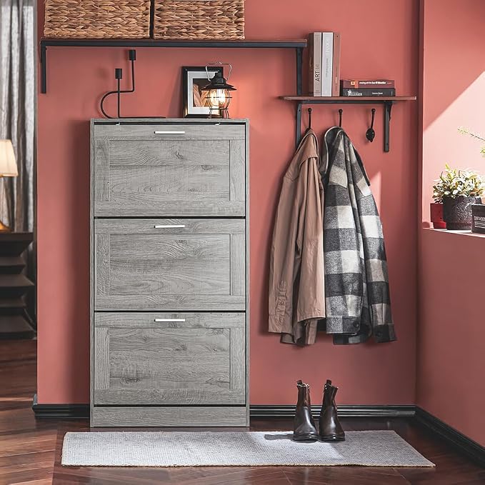 Haotian Shoe Storage Cabinet Entryway | Freestanding Shoe Cabinet with 3 Flip-Drawers Fully Enclosed Tall Shoe Rack Shoe Organizer, Grey, FSR137-L-HG