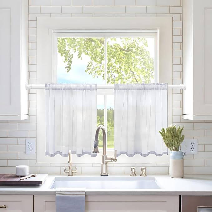 2 Pack Spring Tension Curtain Rod 28 to 39 inch, Adjustable Curtain Rods No Drilling Spring Curtain Rods Extendable Pressure DIY Tension Rod for Window Closet Kitchen, White