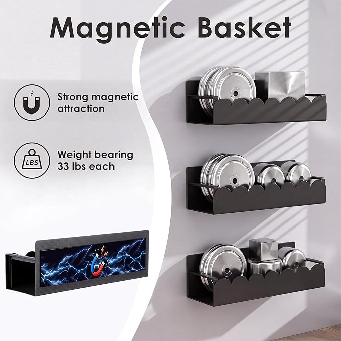 3 Pack Scalloped Metal Magnetic Spice Storage Rack Organizer with Hooks for Refrigerator and Oven, Black Fridge Organizers and Storage