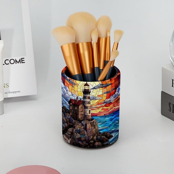 Stained Glass Lighthouse Pattern Pen Holder Pencil Organizer for Desk, 3.1” x 3.1” x 3.9” Pencil Cup Office Supplies, Large Capacity Cute Pen and Makeup Brush Holder for Desktop, Home, School