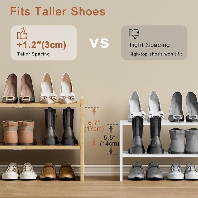2 Tier Bamboo Shoe Rack, Compact Wood Shelf for Closet | Fits small corners. 6.7in height holds sneakers & heels. Multi-use for entryway, bathroom, kitchen.