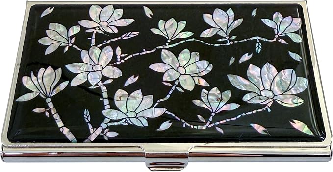 Mother of Pearl Business Card Case Credit Id Name Holder Travel Wallet Art Painting Design Metal Stainless Steel Engraved Slim Purse Pocket Cash Money Wallet (N_Magnolia)