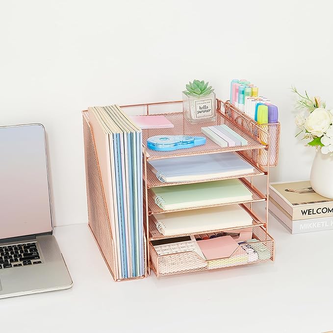 Desk Organizers and Accessories, 5-Tier Paper Letter Tray Organizer with File Holder, Drawer & Pen Holder, Office Desk Accessories, Desktop Organizer for Classroom Office Supplies, Rose Gold