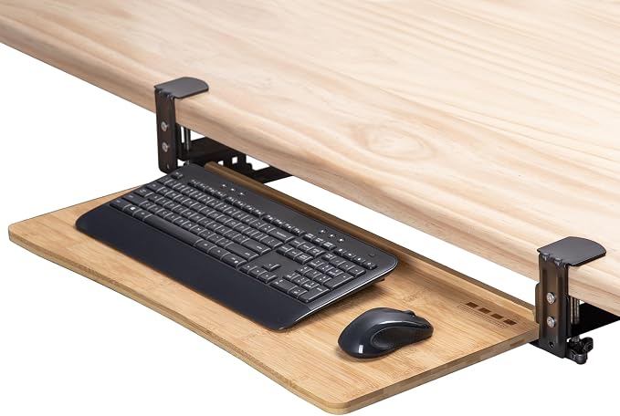 D'vine Dev Keyboard Tray Under Desk with Wrist Rest, Bamboo Wood Keyboard Drawer with Full Size Keyboard and Mouse Pad, Original Wood, KBTY-1