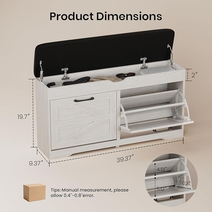 39" Shoe Storage Bench with Seat Cushion, Wood, Ash White | 8-Pair Shoe Capacity, 2 Doors, Comfortable Seating, Space-saving, Narrow Entryway Bench Ideal for Foyer, 330 lb Capacity