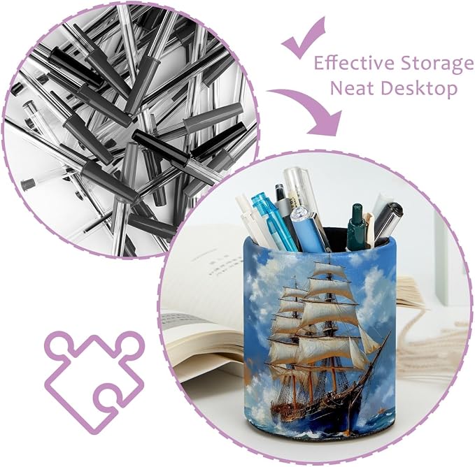Sea Sailboat Pen Holder Pencil Organizer for Desk, 3.1” x 3.1” x 3.9” Pencil Cup Office Supplies, Large Capacity Cute Pen and Makeup Brush Holder for Home, School, Desktop