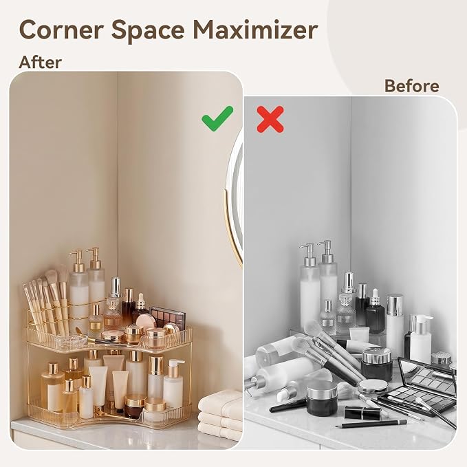 2-Tier Corner Bathroom Counter Organizer with Makeup Brush Holder, Gold | Large Makeup Organizers for Vanity, Corner Bathroom Countertop Organizer for Cosmetic Perfume Skincare Storage