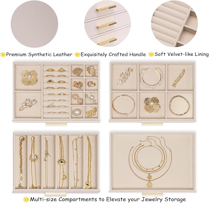 VLANDO 4-Drawer Jewelry Box with Glass Lid, Faux Leather Organizer for Rings Earrings Necklaces and More, Gift-Ready Jewelry Case for Women Girls or Moms, Pink Beige