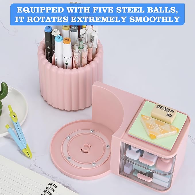 LETURE Rotating Office Desk Organizers and Accessories with 2 Drawer, Pencil Pen Marker Holder for Desk, Desktop Storage Organizers and Accessories for Office Home Art Supplies (Pink)