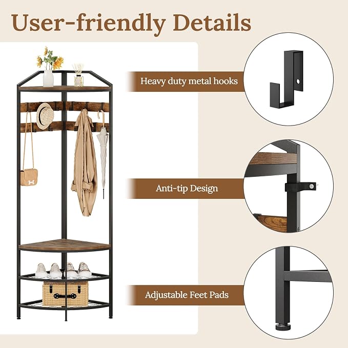 GiftGo Corner Hall Tree with Shoe Bench Entryway Coat Rack with 10 Metal Movable Hooks Floor Standing Clothes Rack Shoes Shelf Organizer for Home Office Bedroom (Rustic Brown)