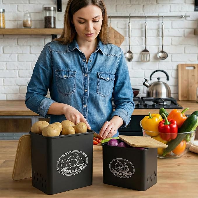 Lifewit Plastic Potato and Onion Storage Bin Box, Set of 2, Black | Stackable Garlic Keeper, Vegetable Container Box, Aerating Holes & Lid for Pantry Countertop
