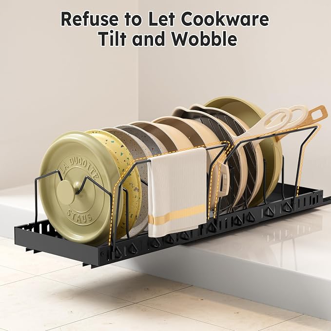 DTUQYX 2 Pack Pots and Pans Organizer - Expandable Pull Out Pot and Pan Organizer with 20 Adjustable Dividers for Kitchen,Smooth Sliding Inside Cabinet for Pot Lid,Cookware,Tableware