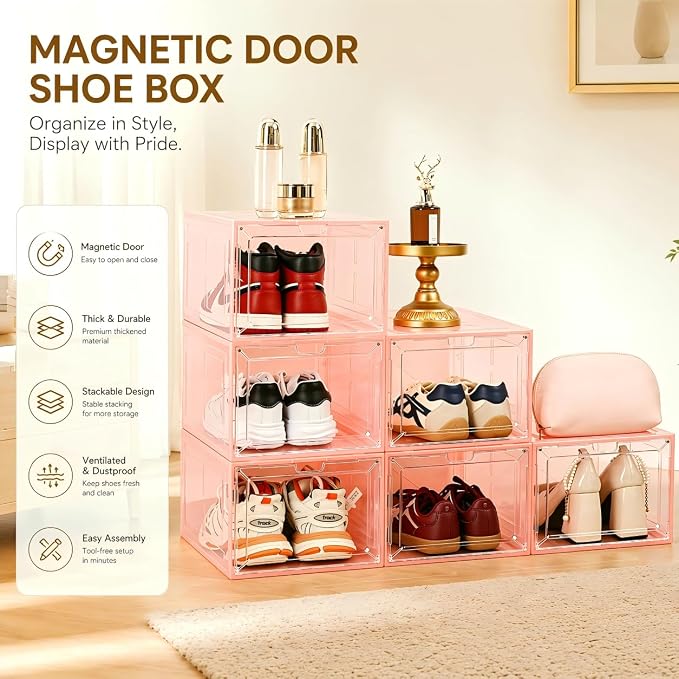 Translucent Pink Shoe Storage Box, 2026 2nd Gen Thickened Hard Plastic Stackable Organizer with Magnetic Door, Folding Shoe Rack for Closet, Decorative Sneaker Display Case, 1 Pack