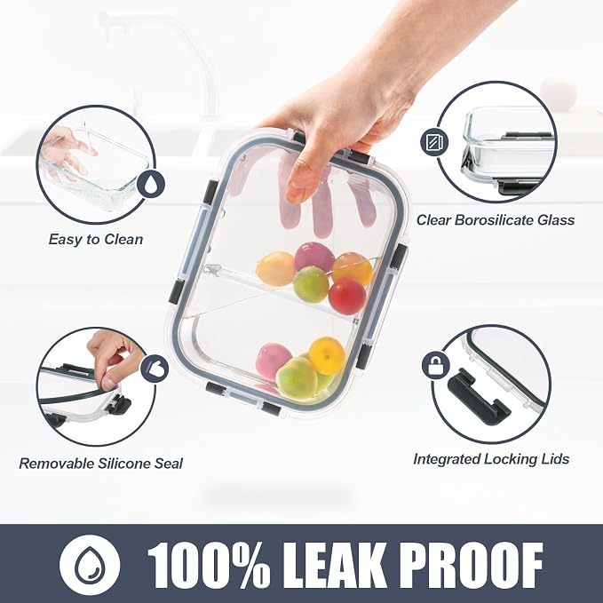 2 & 3 Compartment Glass Meal Prep Containers 6 Pack, 34oz Lunch Containers | Portion Control, Glass Food Storage Containers with Airtight Lids, Microwave, Freezer, Dishwasher Safe, Leak-Proof