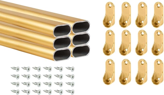 Outwater 48 Inch Satin Brass Aluminum Oval Closet Rod Kit, 1-3/16 Inch x 19/32 Inch Profile, Includes Matching Screw Mount Supports and Mounting Screws, Pack of 6