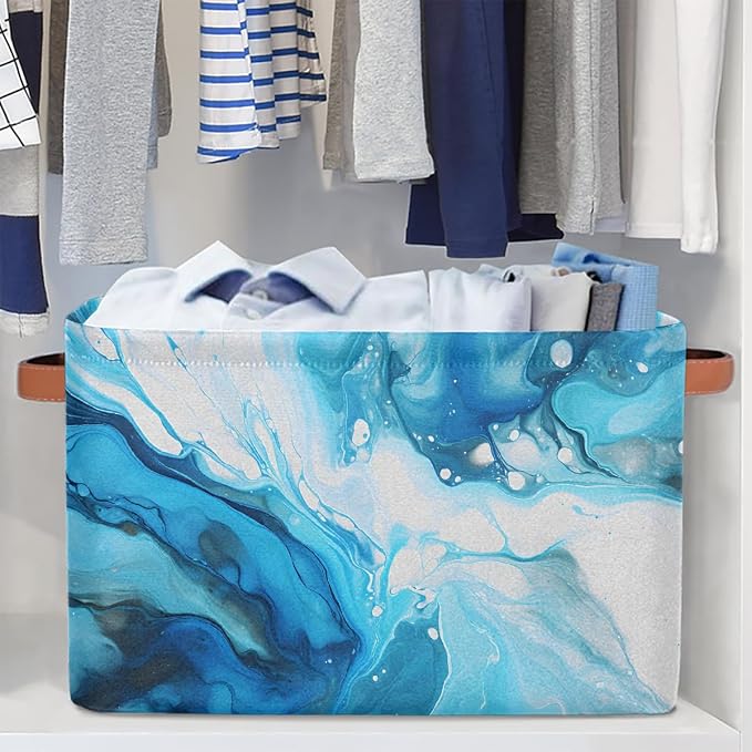 Cube Storage Bins for Shelves, Blue Marble Texture Collapsible Fabric Toys Storage Basket Box with Handles for Home Office Bedroom Closet
