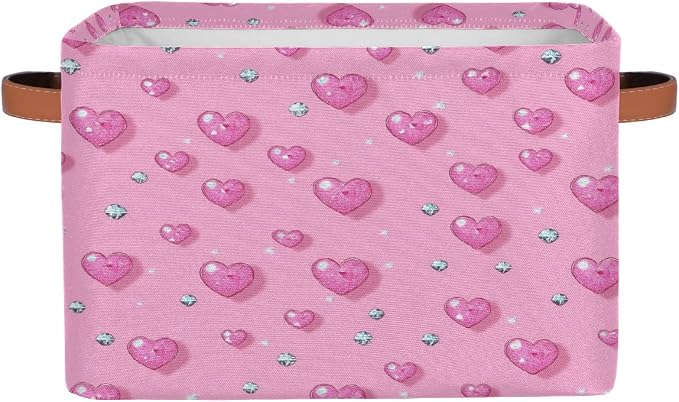 Cube Storage Bins for Shelves, Glitter Pink Hearts And Diamond Collapsible Fabric Toys Storage Basket Box with Handles for Home Office Bedroom Closet