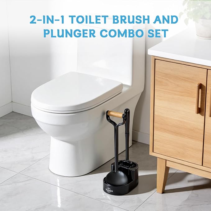 Sellemer Toilet Brush and Plunger Set, Curved Head for Deep Cleaning, Black | Brush and Plunger set, Curved Nylon Bristles for Deep Clean, Strong Suction Plunger, Ventilated Holder for Quickly Air Dry