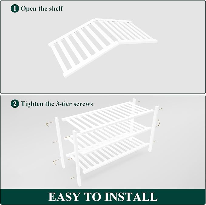 Smiry Bamboo Shoe Rack for Closet, 3 Tier Wooden Shoe Organizer, Stackable Wood Shoe Storage Shelf for Entryway, 14 Vertical Slats, One-piece Heavy-Duty Legs, 26.77"x11.02"x18.31", White