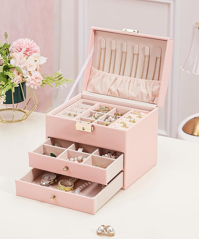 Homde Small Jewelry Box for Girls: 3-Layer Lockable Organizer (Blush Pink) | Removable Tray&Dividers for Flexible Storage - Sort Earrings&Rings&Necklaces for Beginners - Birthday Gift for Teens