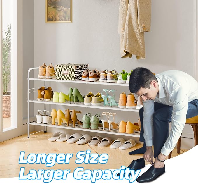 3 Tier Shoe Rack for Closet, 44 Inch Extra Long Shoe Storage Organizer for Shelves, Heavy Duty Metal, Easy Assembly, White
