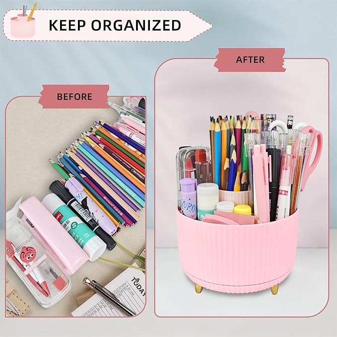 Pink Office Desk Accessories, 15pcs Office Supplies 360°Pen Holder , Stapler, Staple Remover, Tape Dispenser,Tape Refills, Binder Paper Clips Kit, Scissor, Cute Desk Accessories for Women Gift Set