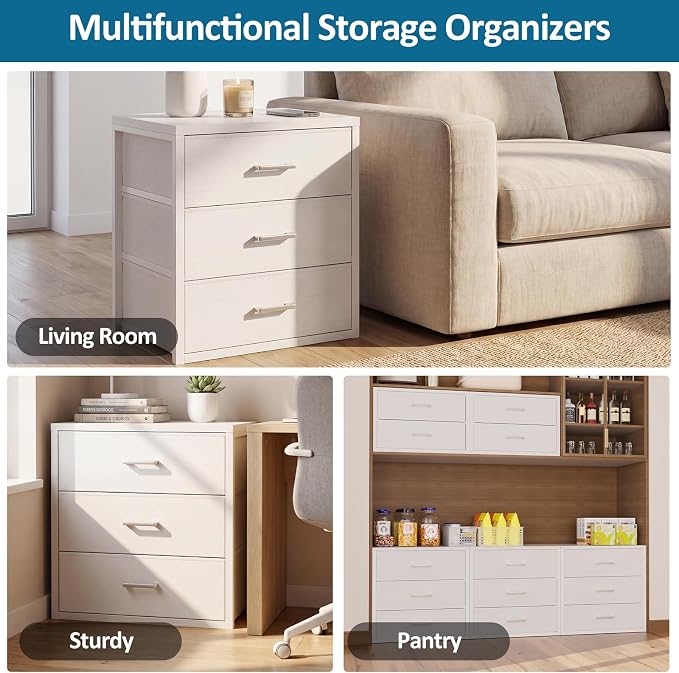 3 Fabric Drawer for Closet Storage: White Stackable Dresser Short Drawers for Clothes Organizer, Low Modular Chest Cabinet for Inside Closet Bedroom Nursery & Small Spaces, 4 Packs