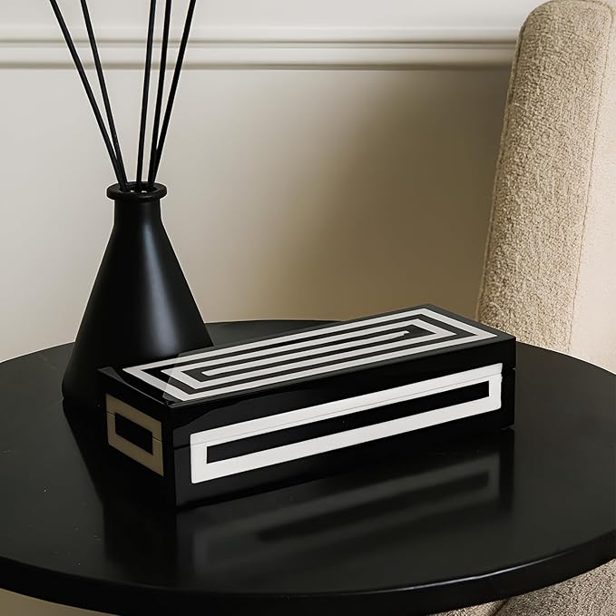 Handicrafts Home Decorative Remote Holder Box 10x2.5 – Slim Organizer Box with Lid for TV Remotes, Coffee Table Décor, Modern Shelf Box, Boho Home Décor Accent, Black and White Decorative Storage Box