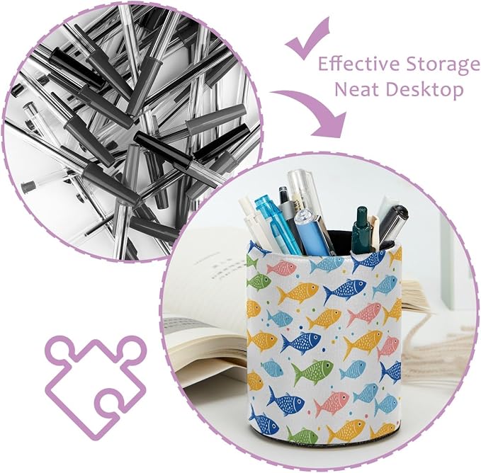 Colorful Fishes Pen Holder Pencil Organizer for Desk, 3.1” x 3.1” x 3.9” Pencil Cup Office Supplies, Large Capacity Cute Pen and Makeup Brush Holder for Home, School, Desktop