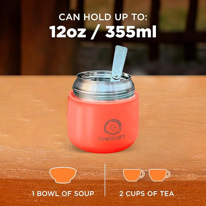 Vacuum Insulated Food Jar. Large 12oz Bowl incl. Folding Spoon, Cup. Wide Mouth Keep Hot & Cold Drinks Soup Lunch Container for Adults. BPA-Free Stainless Steel, Leak Proof Fusion Coral