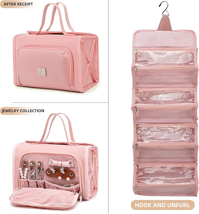ROYALFAIR Roll Up Makeup Bag, Waterproof Toiletry Bag for Women, Hanging Travel Organizer bags with Jewelry Organizer Compartment, Extra Large 4 Clear TSA Approved Pouches Cosmetic Makeup (light red)