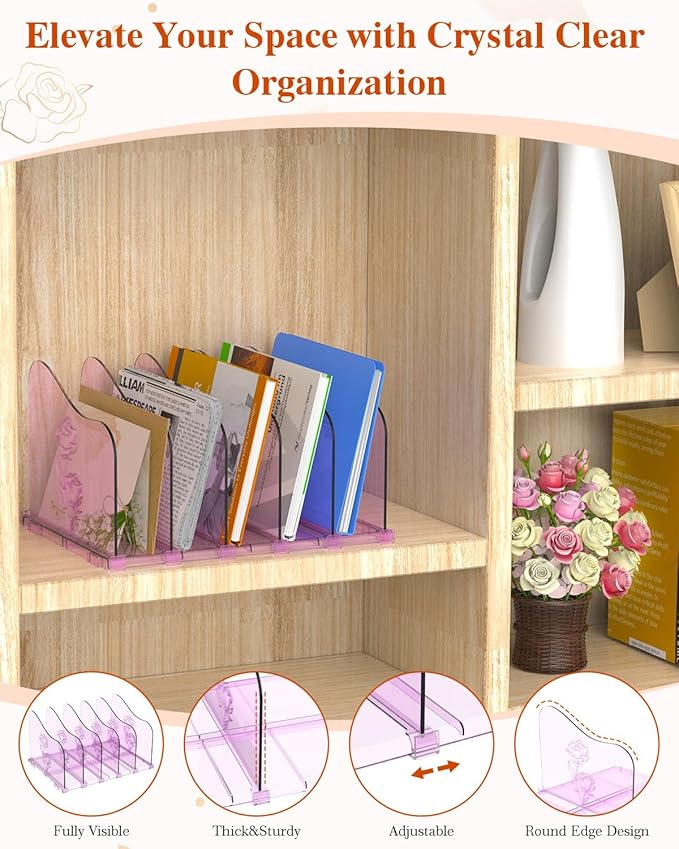 Adjustable Rose File Organizer for Desk, Vertical File Folder Holders for Magazines, Upright Desktop Binder Organizer, Clear Paper Bookshelf Divider File Sorter for School Office Supplies