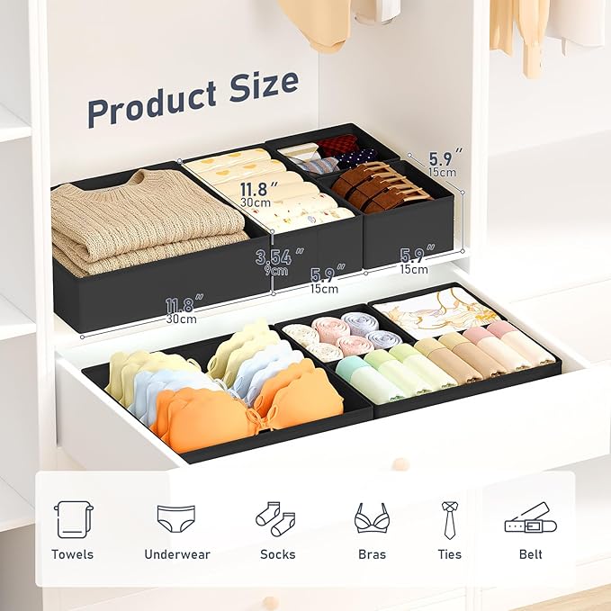 DIMJ Drawer Organizer Clothes 28 Pack - Foldable Baby Organizers and Storage & Closet Organizers for Bedroom, Closet - Nursery Organization Dresser Dividers for underwear, Sock,Bra, Belt, Tie,Black