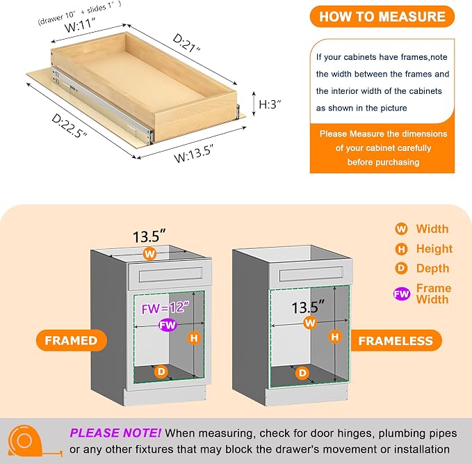 Pull Out Cabinet Organizer, 11" W x 21" D | Soft Close Pull Out Drawers for Cabinets with Heavy Duty Slides, Wood Slide Out Drawers for Kitchen Cabinets