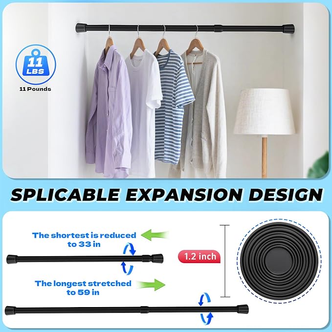 2 Pack Black Tension Rods, 33"-59" Adjustable Shower Curtain Rods, Heavy Duty No Drilling Rod, 11lbs Max Load, 1.2" End Cap, 19/22mm Tube, Metal, for Bathroom, Window, Bedroom, Doorway, Closet