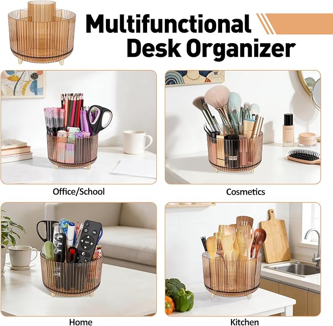 360 Rotating Pen Pencil Holder for Desk, Pen Organizer with 5 Slots, Makeup Brush Holder, Desk Organizer and Accessories, Cute Pencil Cup Caddy for Office School Home Decor Art Supply (Amber)