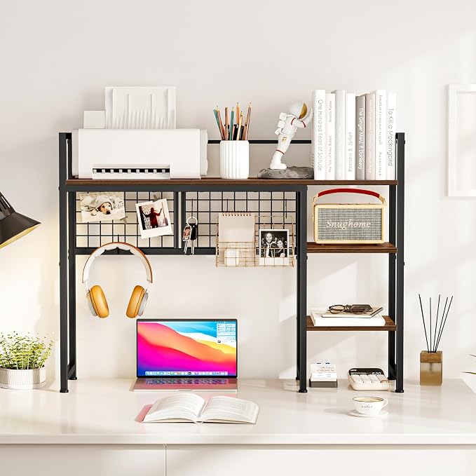 Snughome Desk Shelf, 38.6" Desktop Organizer Shelf, Desk Hutch for Computer Monitor, 4 Tier Desk Display Rack with Pegboard Hooks Set, Wood Desktop Bookshelf for Home Office Dorm